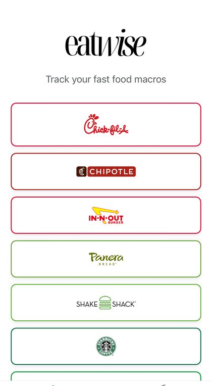 The app home screen: Track your fast food macros, with a list of restaurants